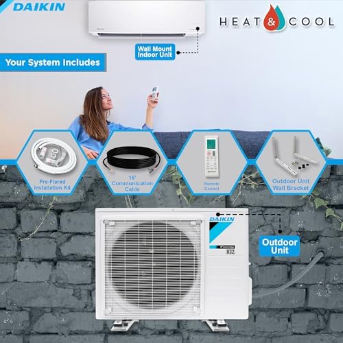 Daikin 12,000 BTU 18 SEER2 Entra R32 Series Ductless Mini Split Heat Pump System w/Maxwell All-Inclusive 16’ Installation Kit and Wall Mounting Bracket (230V), White, RXC12+FTXC12+IKM1438+WAFP24