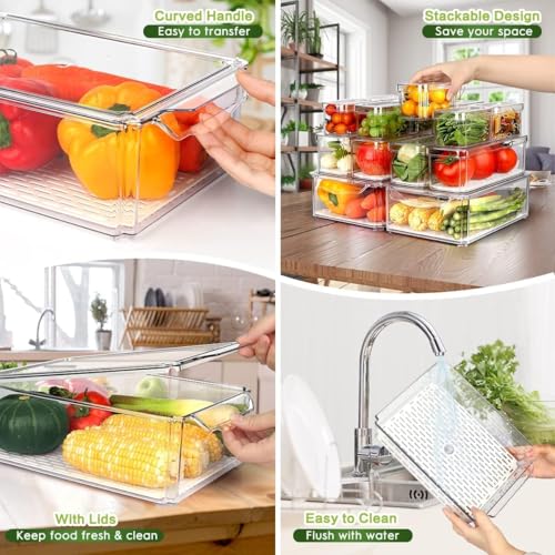 Image of Plastic 14 Pack Fridge Organizer - Stackable BPA-Free Refrigerator Bins with Lids for Fruits, Vegetables, Drinks, Cereals & Food Storage