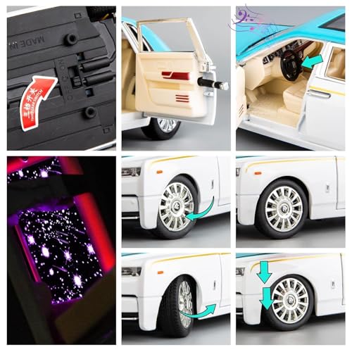 Image of WORSHIPER Model Car Zinc Alloy Pull Back Toy Diecast Toy Cars with Openable Doors, Sound and Light for Kids Boy Girl Gift (1:24 Rolls-RoycePhantom(Blue-White))
