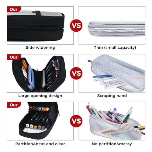 Image of Fmeida Grid Mesh Pencil Case - Upgraded 4 Compartment Pencil Pouch, Clear Adult Pencil Bag Aesthetic Marker Pouch Stationary Bag Office Organizer for College Business Travel - Black&White