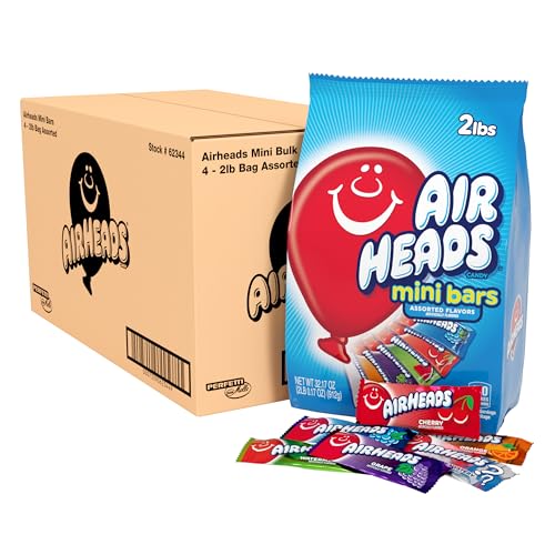 Airheads Mini Bars, Halloween Trick or Treat Candy, Assorted Flavors Variety Pack, Individually Wrapped Bulk Candy for Adults & Kids, Party, Pantry, Non-Melting, 80 ct Bag (Box of 4 Bags)