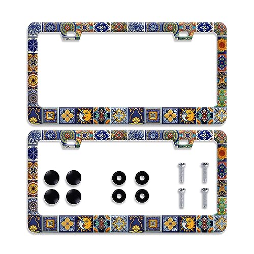 2Pcs Mexican Tiles License Plate Frames Mandala Boho License Plate Frame Car Universal Stainless Steels Accessories Cars Decor with 2 Holes and Screws Fits Standard US Vehicles Size: 12.2 x 6 Inches