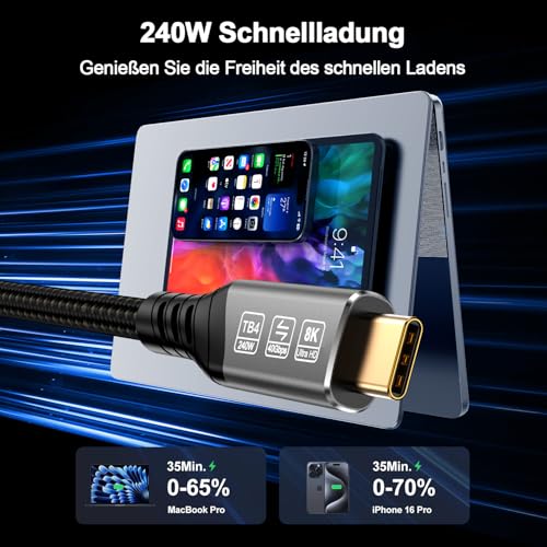 EUDOBEL USB C Thunderbolt 4 Kabel 1m, USB C Datenkabel 40Gbps, Schnellladung 240W, 4K@144Hz 8K@60Hz USB C Video Kabel für eGPU… – Ansicht 4