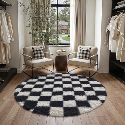 Image of HUGEAR Checkered Round Rug 150cm Black White Circle Carpet