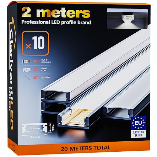 ClarivantiLED 2m×10 Profilé Aluminium LED Rail avec Diffuseur Goulotte et Profile Alu pour Ruban LED Profilé en U pour Installation Facile Support LED Couvercle Blanc Embouts et Clips Montage