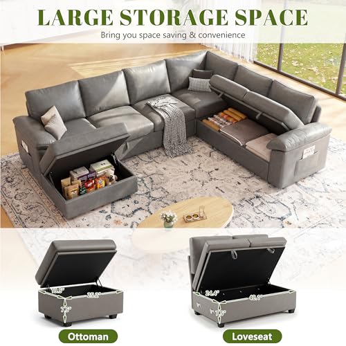 Image of 108 Inch Faux Leather Modular Sectional Sofa with Pull Out Bed,U Shaped 7 Seat Sectional Sleeper Sofa with Storage,Sectional Couches for Living Room,Cloud Modular Couch,Gray Leather
