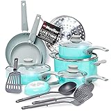 Mueller Pots and Pans Set Non-Stick, 16-Piece Healthy Stone Cookware Set Butter Warmer, Aluminum Body, Deep Fry, Fry Pan, Sauce Pan, Pot, Stainless Steel Steamer, Vac-Free Vented Glass Lids, Turquoise