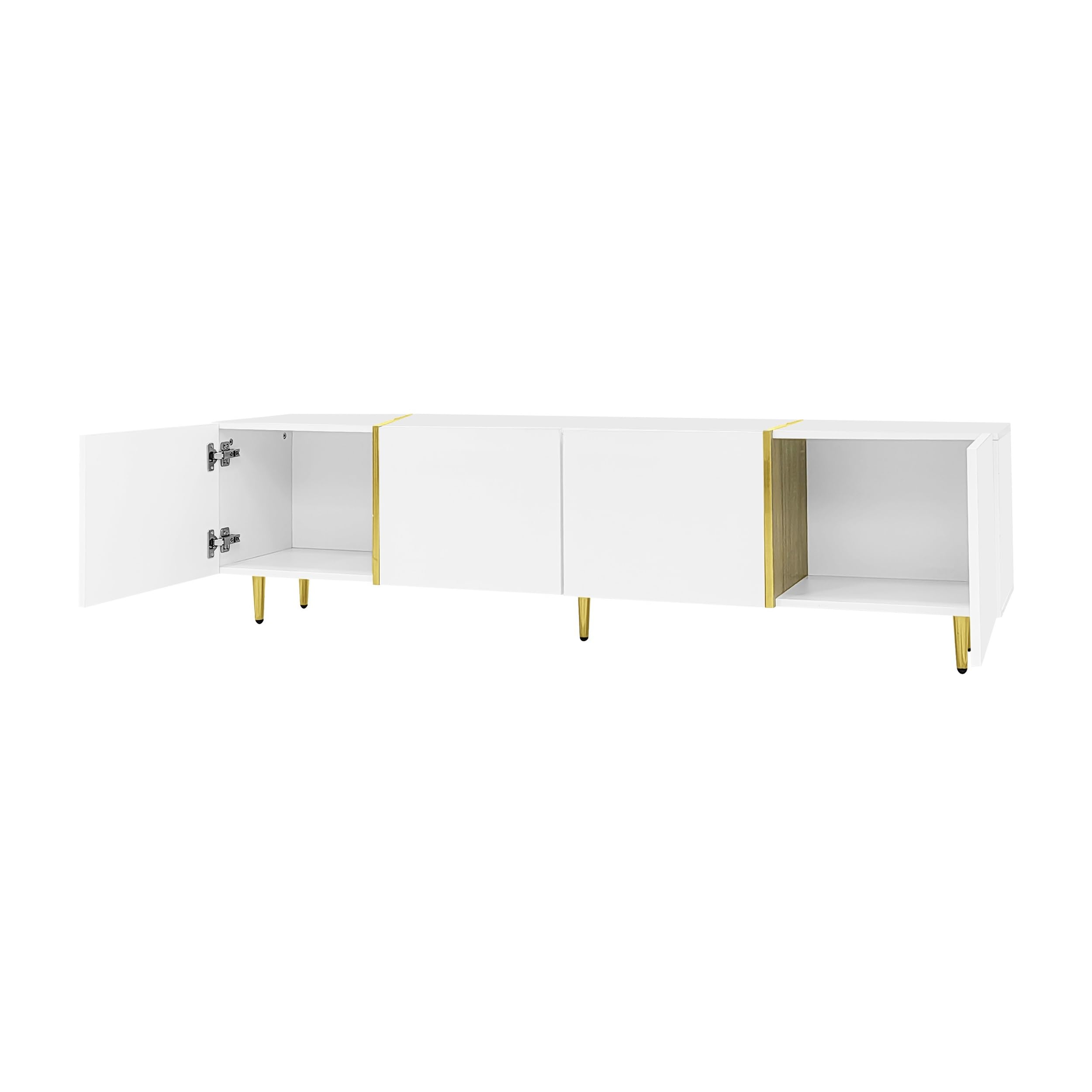 Mueble de TV de alto brillo con cuatro puertas, moderno y sencillo, color blanco