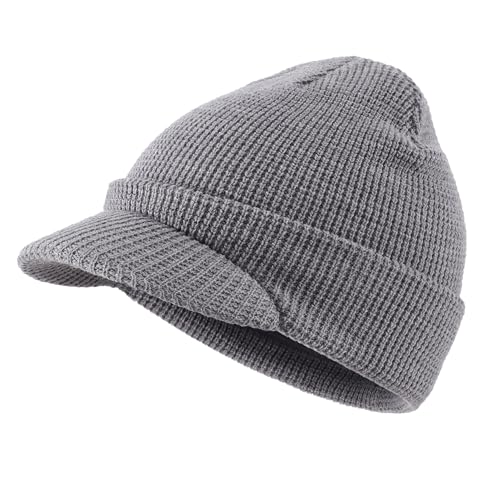 Home Prefer Mens Wool Blend Winter Hat Double-Layer Warm Knit Pre-Curve Visor Beanie Brimmed Beanies Hat for Men Women (US Alpha One Size Ash)