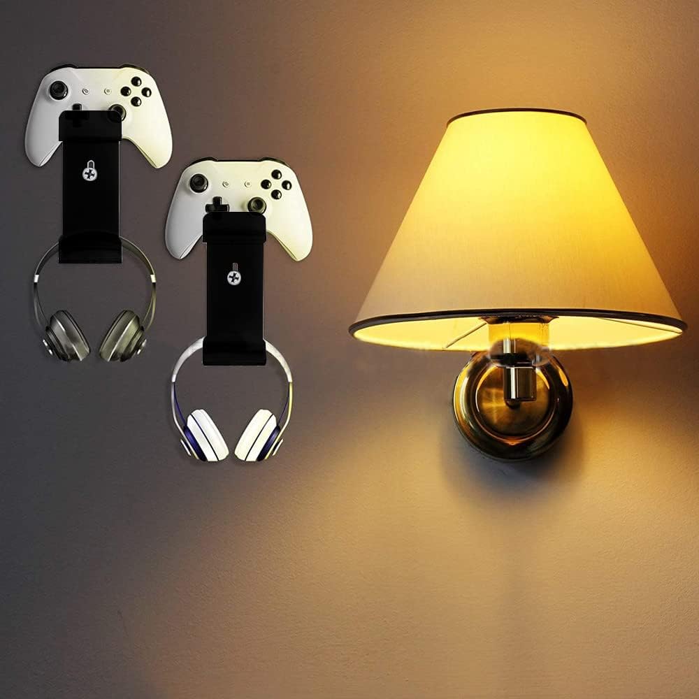 Acrylic Dual Game Controller& Headphone Wall Mount Stand Holder Controller Hanger , Game Controller Rack，Universal Gamepad Accessories (2Pack，Black)