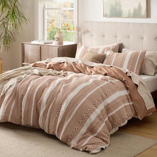 Image of Bedsure Waffle Weave Duvet Cover King - 100% Cotton Boho Duvet Cover Set with 2 Pillowcases - Extra Soft Terracotta PureWoven Textured Comforter Cover with Zipper Closure (King, 104 inchx90 inch)