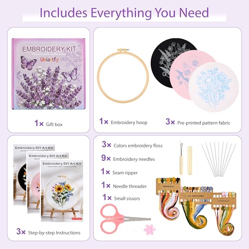Image of Uniartfy 3 Sets Embroidery Kit for Adults, Flower Pattern Embroidery Practice Kits for Beginners, Needlepoint Cross Stitch Kits Include Hoop, Colorful Threads, Tools, Easy to Learn Video & Instruction