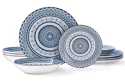 Bestone Ceramic 12-Pieces Dinnerware Sets, Ceramic Dish Plates and Bowls Sets, Dishes Set for 4, Dinner Salad Dessert Plates, and Cereal Bowls Set, Gift,Vintage Blue