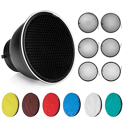 SOONPHO Standard Reflector Diffuser Lamp Shade 7"/ 18cm Beauty Dish Photography with 10°/20°/30°/40°/50°/60° Degree Honeycomb Grid,6 Colors Soft Cloth for Studio Strobe Flash Light Speedlite