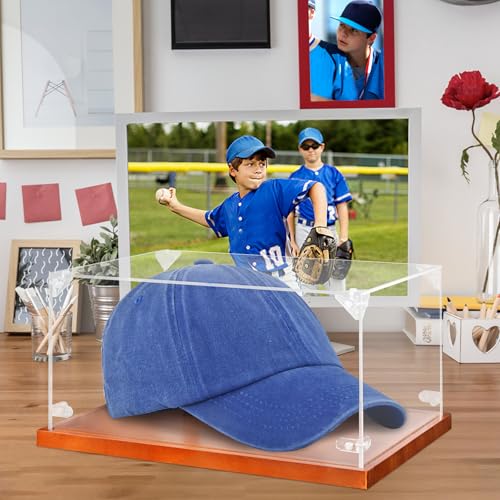Image of Hooqict Hat Display Case Acrylic Clear Full Size Baseball Hat Case Display Holder Stand with Solid Wood Base UV Protected for Ball Cap Storage Organizer Sports Collections Memorabilia