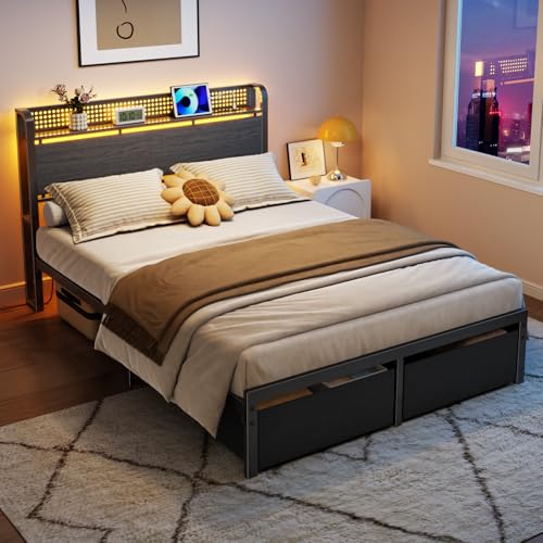 Image of Furnulem Full Size Bed Frame with Headboard Storage, Platform Bed Frame with Charging Station, 2 Drawers & LED Lights, No Box Spring Needed, Noise Free, Easy Assembly, Rustic Grey (1000 lbs Capacity)