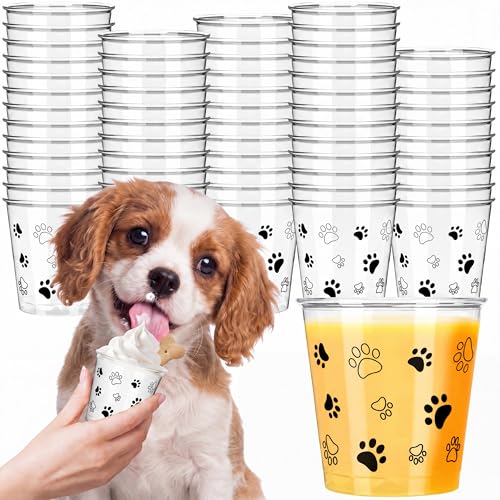 Yungyan 50 Pcs 3 oz Clear Pup Cup for Dogs Mini Plastic Pup Cup for Dog Whip Cream Tiny Dog Paw Pattern Snack Container for Puppy Food Treat Feeding Pet Theme Birthday Party Supplies