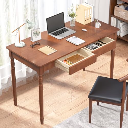 Image of 100% Solid Wood Desk with Drawers - 47.2 inch x 21.7 inch Mid Century Modern Desks, Vintage Writing Desk with Drawers, Simple Work Study Table, Home Office Computer Desks for Any Room - Walnut Color