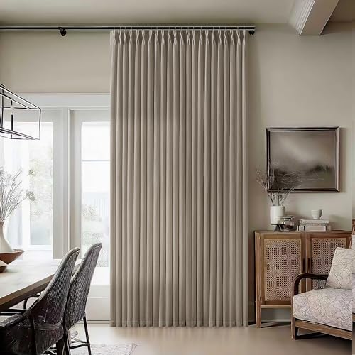 Image of Extra Wide Taupe Pinch Pleat Semi Sheer Linen Curtains for Bedroom | 70 inch wide 84 inch Long, Light Filtering Privacy, Dining Room Classroom, Thick Flax Linen Textured, Memory Shape Hook Rings