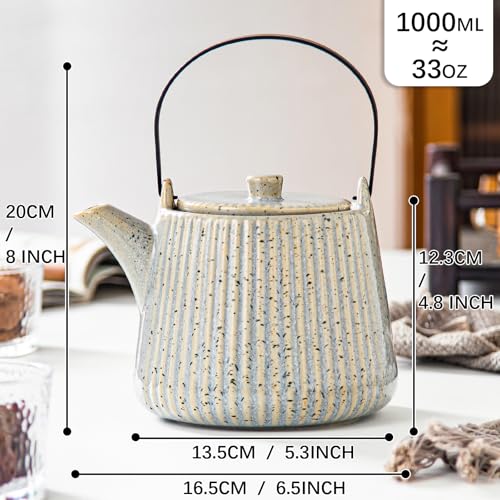 Image of Yundu Ceramic Teapots for Tea, 1000ml /33.8oz Tea Pot with Infusers for Loose Tea, Striped Tea Pot with Removable Tea Infuser - Reactive Grey