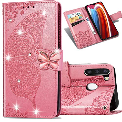 Housse Samsung Galaxy A11 cuir rose avec motif papillon et fleur 3D