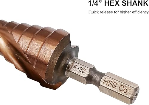 Miniatura 4 de Hymnorq Broca de acero cobalto de 10 pasos, grado M35 5% HSS Co, tamaño métrico de 0.157 in a 0.866 in, flautas espirales dobles y vástago hexagonal