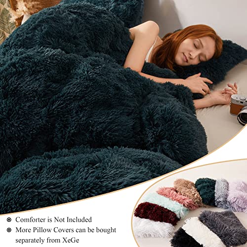 Xege Plush Shaggy Duvet Cover Set, Luxury Ultra Soft Crystal Velvet Fluffy Bedding Sets 3 Pieces(1 Furry Faux Fur Comforter Cover + 2 Fuzzy Faux Fur Pillowcases) Zipper Closure(Queen, Dark Green) #TOP5
