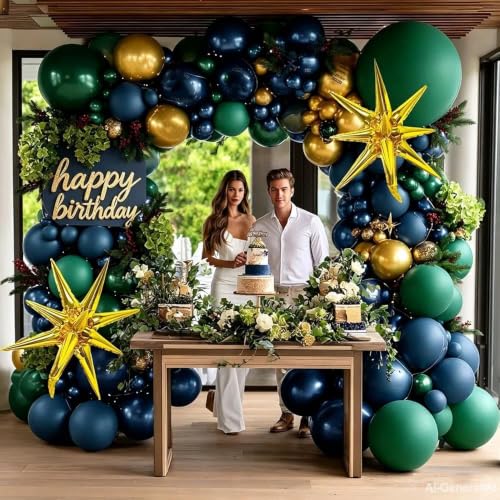 Image of Navy Blue Green Balloon Arch Double Stuffed Dark Emerald Green Blue Gold Balloon Garland Kit with Star Foil Balloons for Birthday Graduation Anniversary Baby Shower Christmas Party Decorations