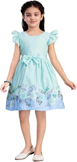 Aarika Girls Casual Wear Green Colour Checks Print Cotton Frock