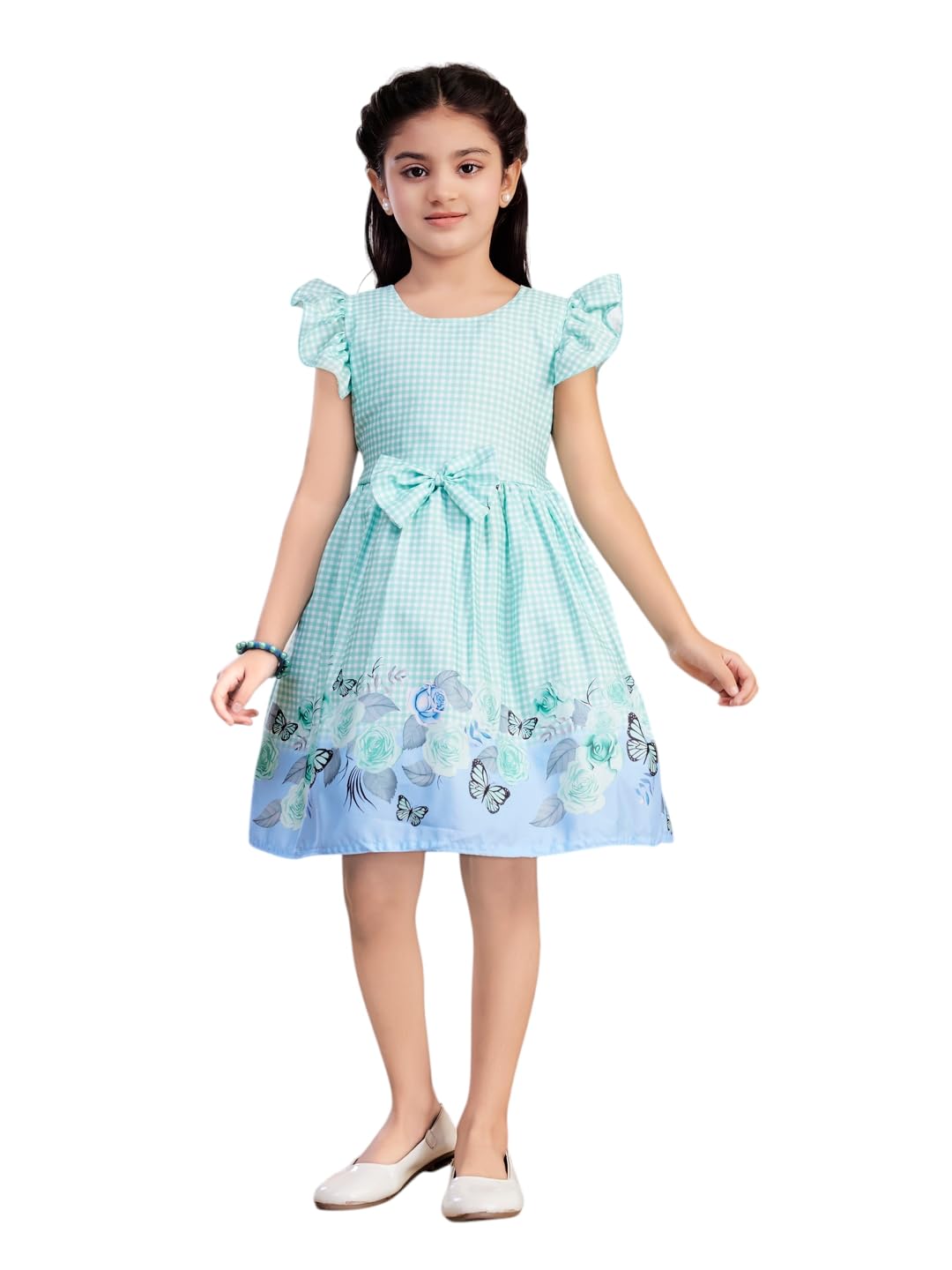 Aarika Vestido de algodón con estampado de cuadros de color verde para niñas