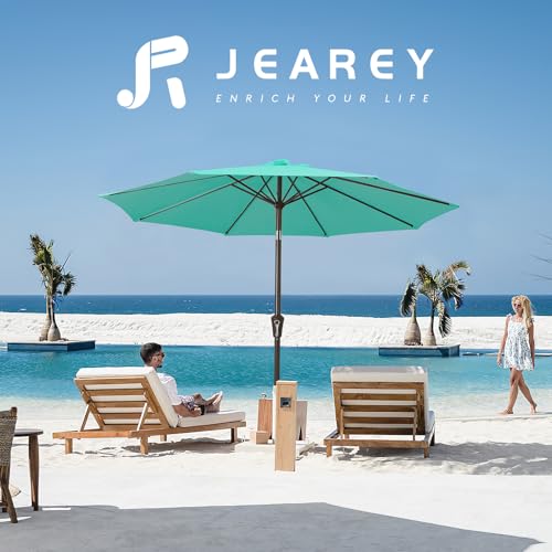 Image of JEAREY 9FT Outdoor Patio Umbrella Market Umbrella with Push Button Tilt and Crank, Outdoor Table Umbrellas 8 Sturdy Ribs UV Protection Waterproof for Garden, Deck, Backyard, Pool (Teal)