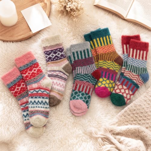 Image of ICEIVY 5 Pair Comfy Fuzzy Warm Winter Cozy Socks Birthday Gifts for Women | Plush Soft Socks Cloud Wool Thick Fluffy Vintage Style Premium Gift-Boxed Socks for Wife Mom Sister Grandma or Girlfriend