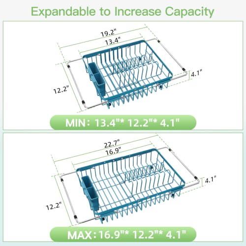 Image of JASIWAY Blue Dish Drying Rack Over the Sink with Utensil Holder