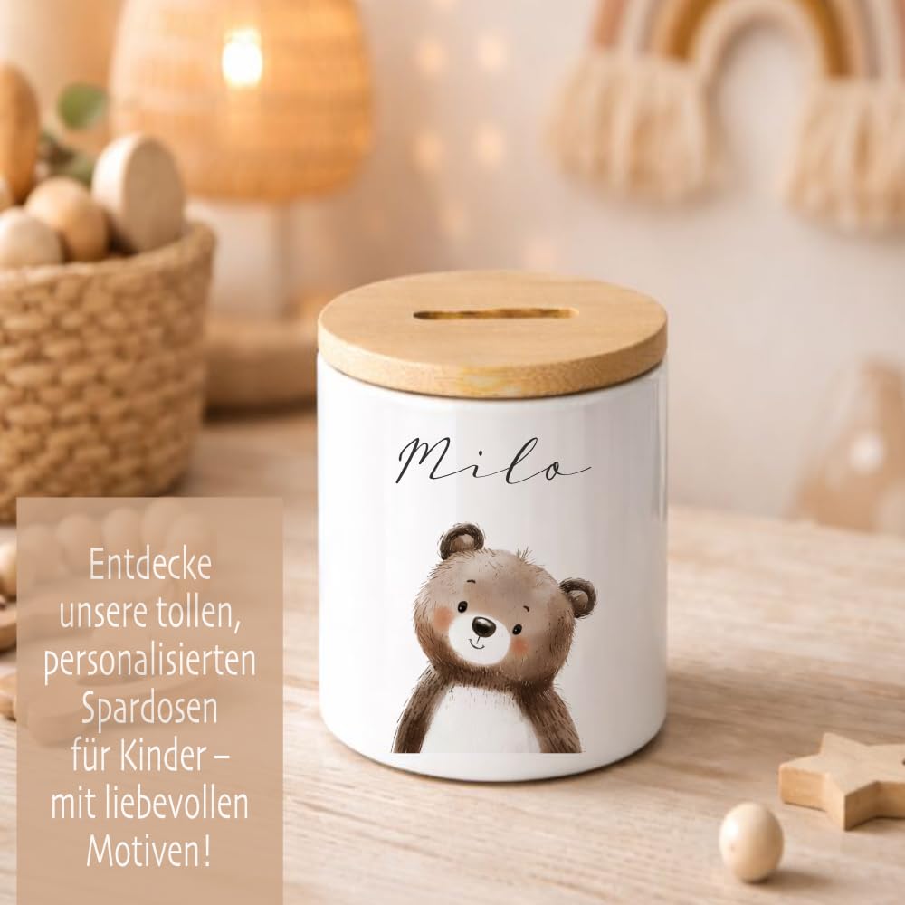 Manufaktur Liebevoll - Personalisierte Spardose für Kinder aus Keramik mit Bambusdeckel Kinder Spardose mit Name Geschenk zur Geburt Taufe & Geburtstag (Eichhörnchen)