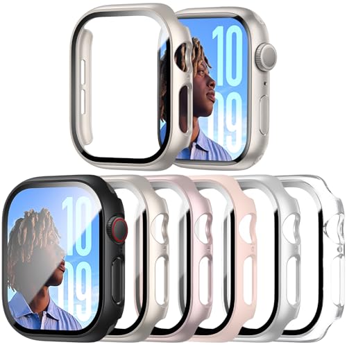 6-Stück Schutzhülle mit Displayschutzfolie Kompatibel mit Apple Watch SE/6/5/4 44mm Ultradünne Hard Gehäuse Eingebaut Kratzfest Gehärtetes Glas Schutzfolie für iWatch SE 4 5 6 44mm
