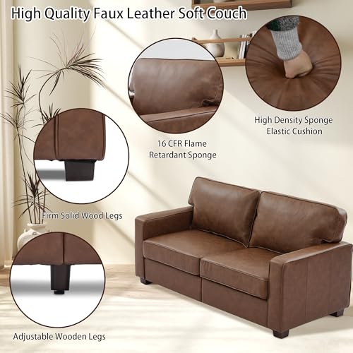 66" PU Faux Leather Couch, Mid-Century Modern Loveseat Sofa with Solid Wood Legs for Living Room, Bedroom, Office, Brown - Image 6