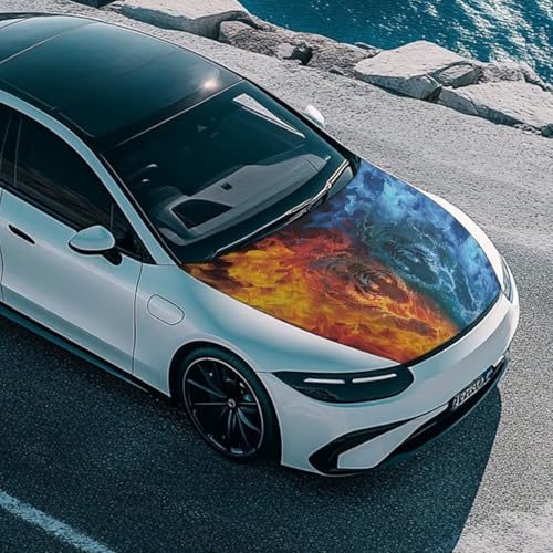 Image of Car Hood Cover Protector, A Washable Automotive Accessory with Flaming Tiger Design for Car Front Hoods
