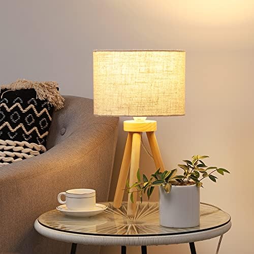 EDISHINE 16.7in Table Lamp, Wood Tripod Bedside Lamp, Beige Linen Lamp Shade, Desk Lamp for Bedroom, Living Room, Office, Kids Room, College Dorm, Nightstand, Bookcase, E27 Base