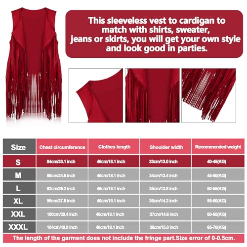 Frienda 6 Pcs 60s 70s Outfit for Women Hippie Disco Halloween Costume Peace Sign Earring Headband Fringe Vest Tassel Cardigan(XXX-Large,Red) - Thumbnail 3