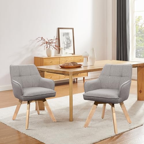 Art Leon Mid Century Modern Dining Chair - Fabric Upholstered 180° Swivel Accent Chair with Solid Wood Legs, Gray