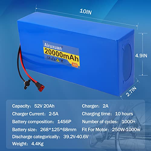 Image of 52V Ebike Battery 20Ah Electric Bike Battery with 2A Charger, T-Plug, XT60 Connector and BMS for 250-1000W Electric Bicycles Motor