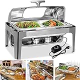 チェーフィングディッシュビュッフェセット、蓋付きステンレススチール製フードビュッフェサーバー＆ウォーマー、キッチンパーティー宴会ダイニング用ケータリングフードウォーマー、9L、ダブルグリッド