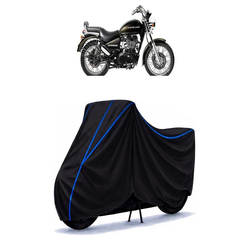 Image of Thunderbird 500 BS6 Bike Cover Water Resistant Universal Motorcycle Rain | Heavy Duty UV Protection, Dust, Scratch Indoor Outdoor All Weather with Black Blue Piping Elastic