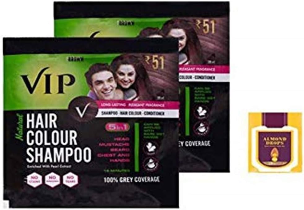 VIP Hair Shampoo (5 in 1) Black, 40 ml, Pack of 2 + Almond Oil 10 ml Free