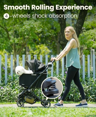 Pawccoli 4 Wheels Pet Stroller, Dog Stroller for Small/Medium Dogs and Cats up to 33 lbs, One-Click Fold & Draggable, Removable Carrier, Zipperless Entry, Mesh Windows, Black