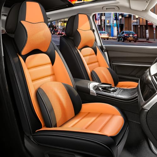 Image of Full Set Car Seat Covers for Jeep Compass 2007-2026, Waterproof Stain-Resistant Seat Cover, Premium Nappa Leather Seat Protectors with Storage Pockets(Luxury 5 Seats /Black&Orange)