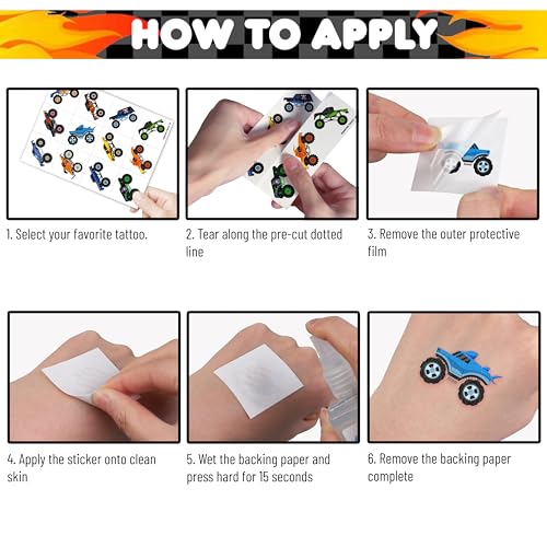 image for 91TATTOOS 96 PCS Monster Truck Race Car Pre-Cut Temporary Tattoos for 