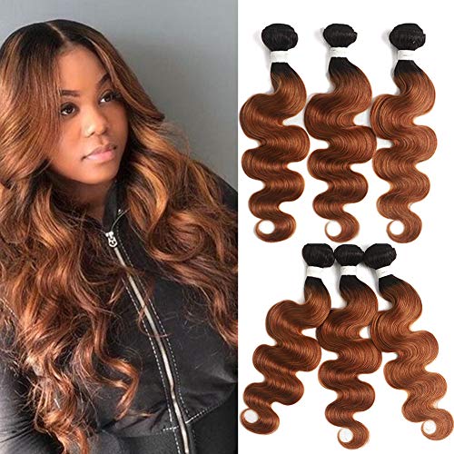 Ombre Body Wave Bundles Human Hair Black And Mesiun Auburn Two Tone Bundles Virgin Brazilian Remy Human Hair Extensions 9A Grade 1B/30 Bundles 10 12 14 Inch …
