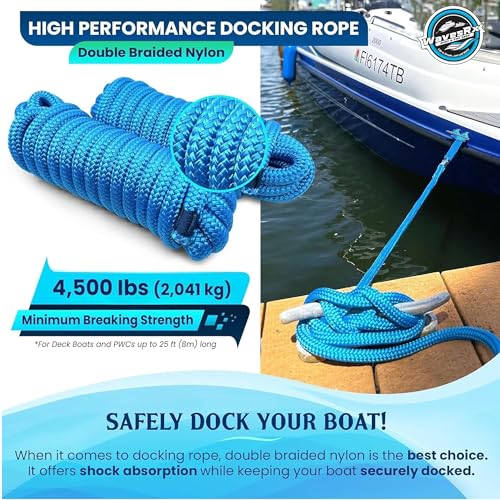 Image of Premium Nylon Boat Dock Lines & Ropes for Docking 3 /8'' x 15' | Double Braided Marine Rope & Mooring Line| Boat Ropes for Docking with Loop | UV & Saltwater Resistant Dock Ropes for Boats & Pontoons