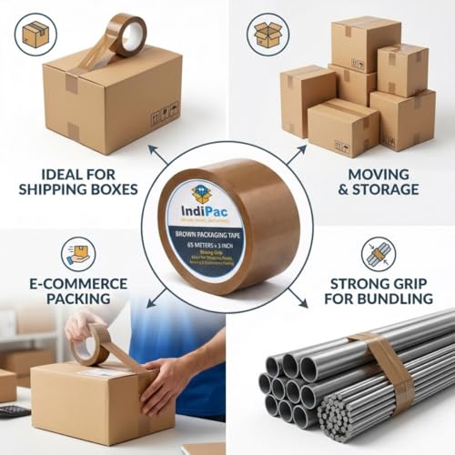 Image of Indipac Brown Cello Tape 3 Inch 65m Roll BOPP - Heavy Duty Sealing Tape for Carton Box Packing, Warehouse, Industrial, Office & Ecommerce Packaging (Pack of 12)